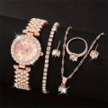 6pcs Jewelry Set Rose Gold Luxury Watch Women Ring Necklace Earring Rhinestone Fashion Wristwatch Casual Ladies Watches. 