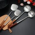 304 Stainless Steel Spatula Spoon With Wooden Handle Lengthened Cooking Spoon Anti-Scalding Cooking Shovel Kitchenware. 