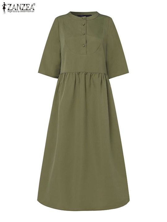 ZANZEA%20Elegant%20Commute%20Midi%20Dress%20Half%20Sleeve%20Solid%20Color%20Autumn%20Pleated%20A-line%20Vestidos%20O%20Neck%20Casual%20Fashion%20Women%20Robe%20Femme%20-%20Image%204