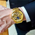 Gold  Vintage Moon Phase Automatic Watch for Men Tourbillon Skeleton Luminous Hands Luxury Brand Mechanical Watches Steel Strap. 