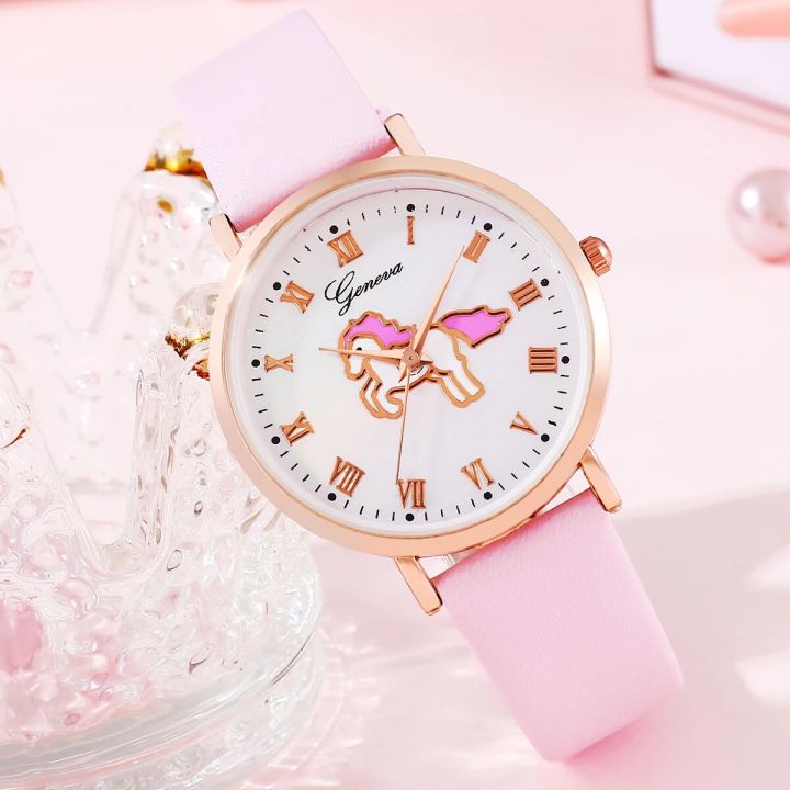 2Pcs%20Ladies%20Fashion%20Trend%20Roman%20Unicorn%20Digital%20Pink%20Leather%20Quartz%20Watch%20Simple%20Crystal%20Bracelet%20Set%20Christmas%20Birthday%20Gift%20-%20Image%204