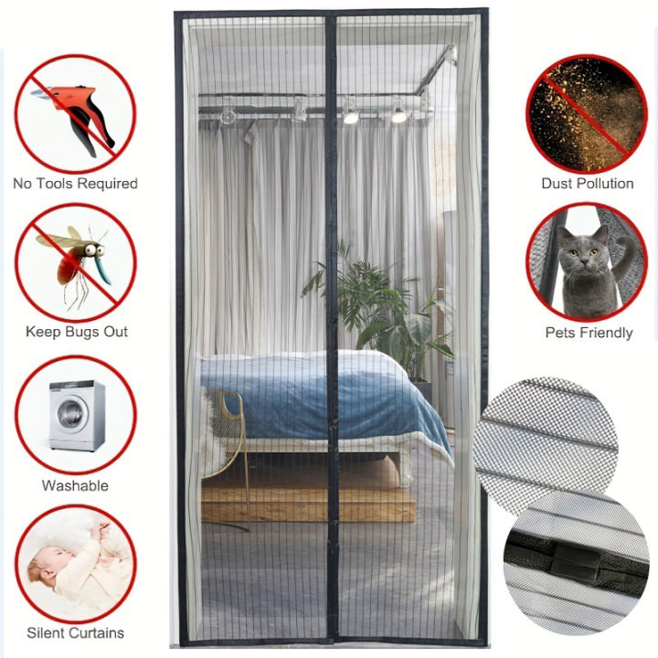 Magnetic Screen Door 110x210cm (43x83inch) – Anti-Mosquito Curtain, No-Drill Viscose Tape Installation, Self-Closing, Fits Corridor & Doorways (Black)