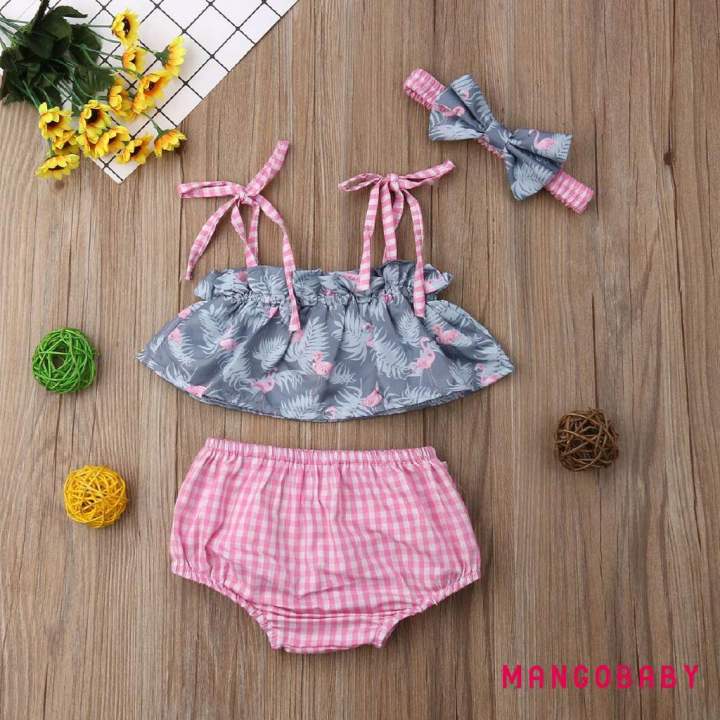 Newborn Baby Girl Flamingo Strap Tops Ruffle Shorts Sunsuit Summer 3pcs Outfits Set 0-24Month