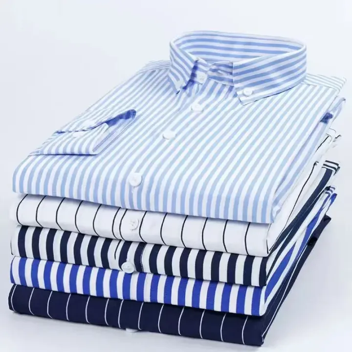 New Men's Stretch Anti-Wrinkle Striped Shirt, Formal Business Dress Shirt for Man Long Sleeve Slim Fit Casual Plaid Shirts S-5XL
