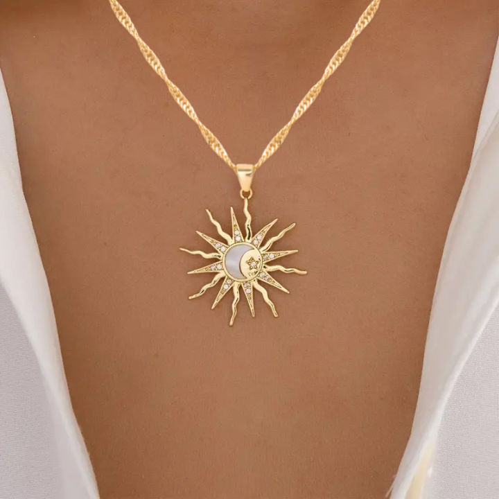 1Pcs Shining Rhinestone Unique Design Sun Star Moon Three In One Pendant Necklace Retro Women's Daily Versatile Party Jewelry