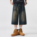 Men's Non-Elastic Denim Seven-Five Shorts Loose Wide Leg Fit Versatile Simple Style Casual Shorts. 