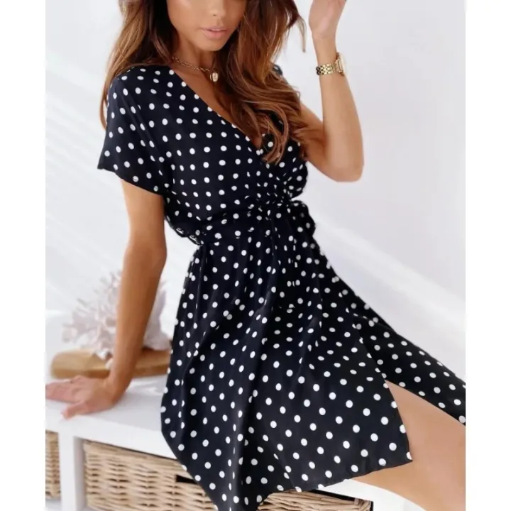 Summer%20Women's%20Polka%20Dot%20Printed%20Short%20Sleeved%20Casual%20Dress%20Fashionable%20V-neck%20Belt%20Commuting%20Dress%20Holiday%20Party%20Women's%20Dress%20-%20Image%203