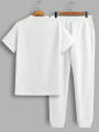 Fashionable men's polyester micro elastic letter print breathable round neck T-shirt pants set summer outdoor casual sportswear. 