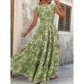 Plus Size Women's Bohemian Floral Print V-Neck Short Sleeve Dress Oversized Ruffled Skirt For Women Casual A-line Long Dresses.