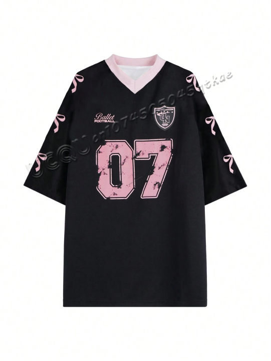 Women's%20Y2K%20%20V-Neck%20Number%2007%20Print%20Short%20Sleeve%20Loose%20Fit%20Ballet%20Style%20Sports%20Jersey%20T-Shirt%20Graphic%20Tees%20Women%20Tops%20-%20Image%206