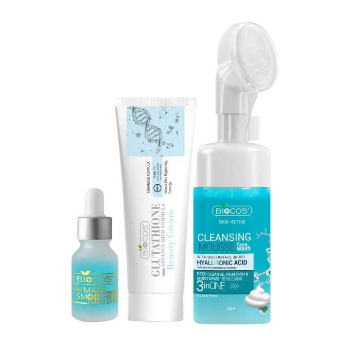 Biocos Brightening Essentials Kit | Glutathione Beauty Cream, Acne-Fighting Mousse & Hydrating Multi-Serum – Brighten, Clear, and Hydrate Your Skin for a Radiant, Even Complexion
