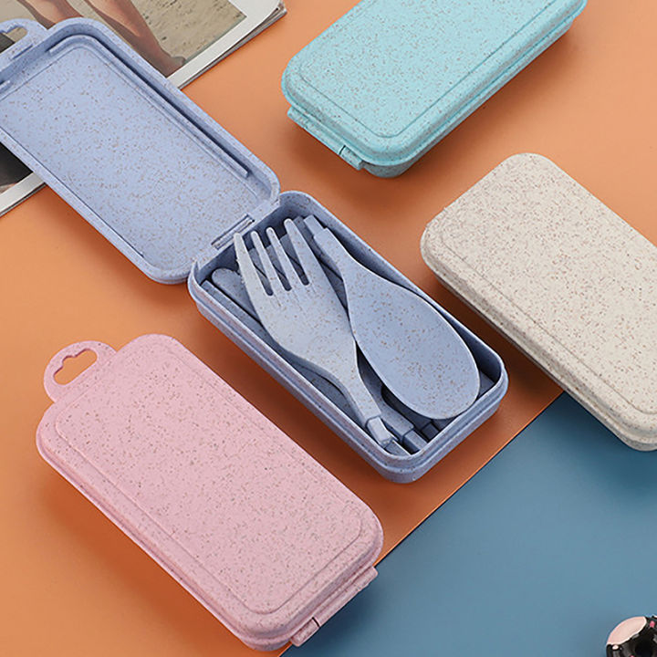 Portable Wheat Straw Fork Cutlery Set Foldable Folding Chopsticks Cutlery Set With Box Travel Kitchen Accessories