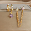 3PCS New Fashion Four Zircon Flower Hoop Earring Set For Women Stainless Steel Double Stud Chain Piercing Jewelry. 