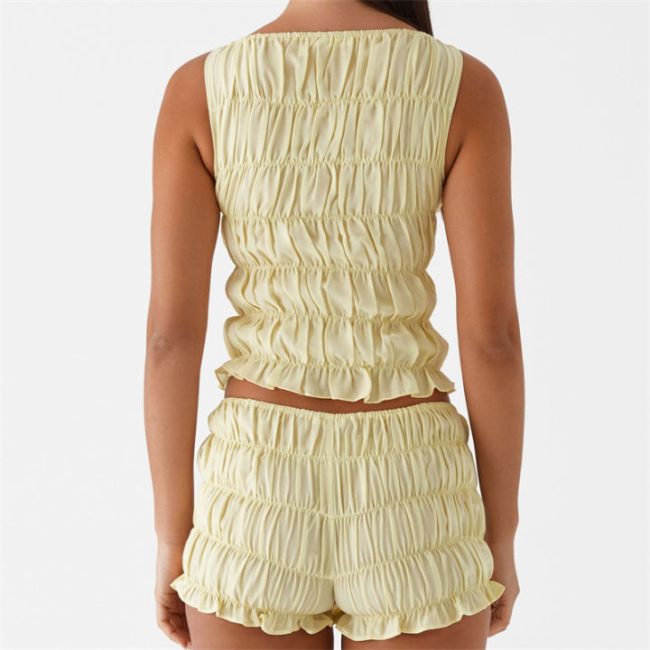 Women%20Summer%20O-neck%20Folds%20Tank%20Tops+Shorts%20Suit%20Sleeveless%20Slim%20Solid%20Tees%20Ruched%20Shorts%20Beach%20Style%20Fashion%202pcs%20Sets%20Outfits%20-%20Image%202