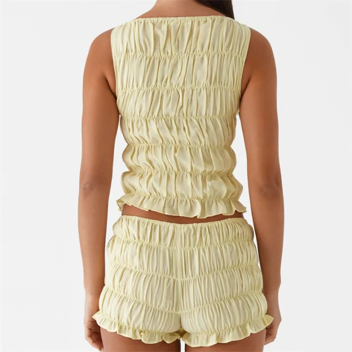 Women%20Summer%20O-neck%20Folds%20Tank%20Tops+Shorts%20Suit%20Sleeveless%20Slim%20Solid%20Tees%20Ruched%20Shorts%20Beach%20Style%20Fashion%202pcs%20Sets%20Outfits%20-%20Image%202