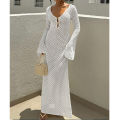 New Style Knitting Hollow Out V-Neck Long Sleeve Dress Ladies Beach Holiday Backless Bikini Cover-Ups Sunscreen Long Dress. 