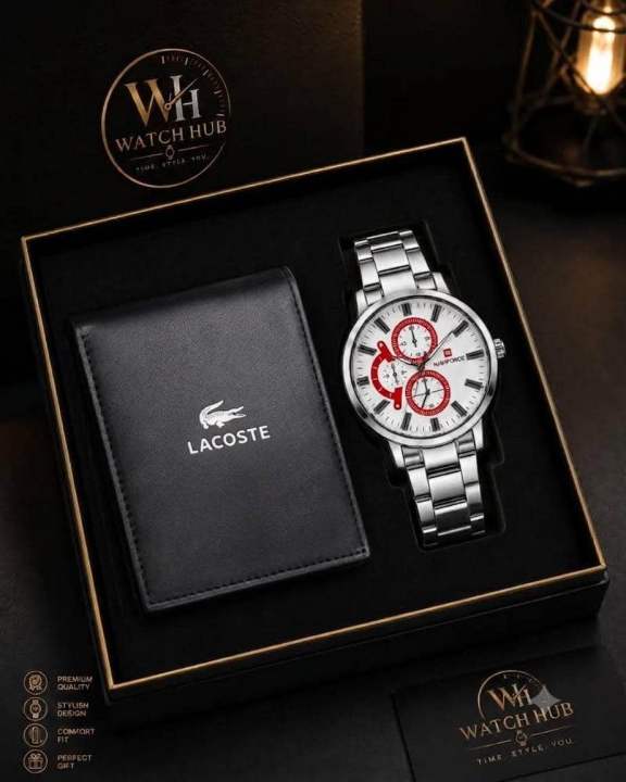 Combo Pack 2 In 1 Men Fashion Steel NAVIFORCE Watch And Lacoste premium wallet or chain combo set best quality and offer price