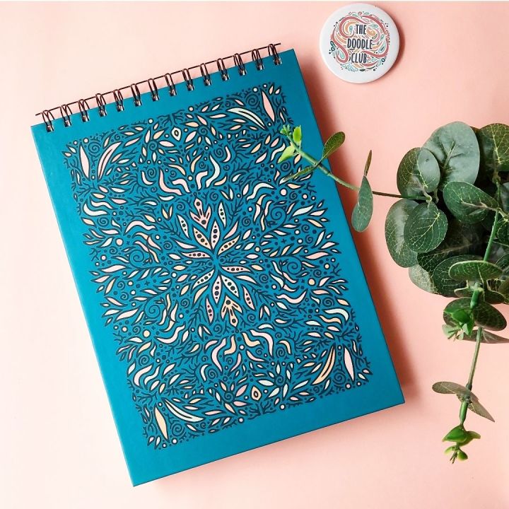 Teal Green Sketchbook | Leaves Doodle Sketchbook | Paintbook | Drawing book | Sketchpad | Sketchbooks | Hardcover | Thick Card Pages | Artists Book | Artists Sketchpad, Size 7.5 x 10 inches, 50 thick card sheets