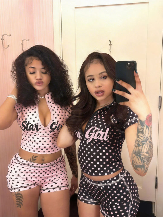 Kliou Polka Dot Print 2 Piece Set Woman Zip Turtleneck Short Sleeve Crop Tops+Skinny Shorts Street Fashion Style Outfits