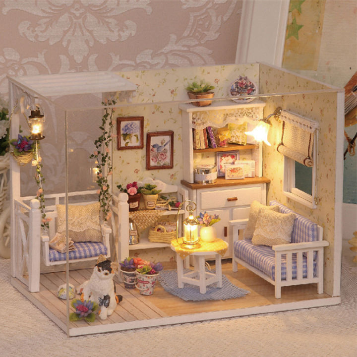 DIY Kitten Mini DollHouses Assembly Model Building Kit Creative Room Bedroom Decoration With Furniture Wooden Crafts Toys 