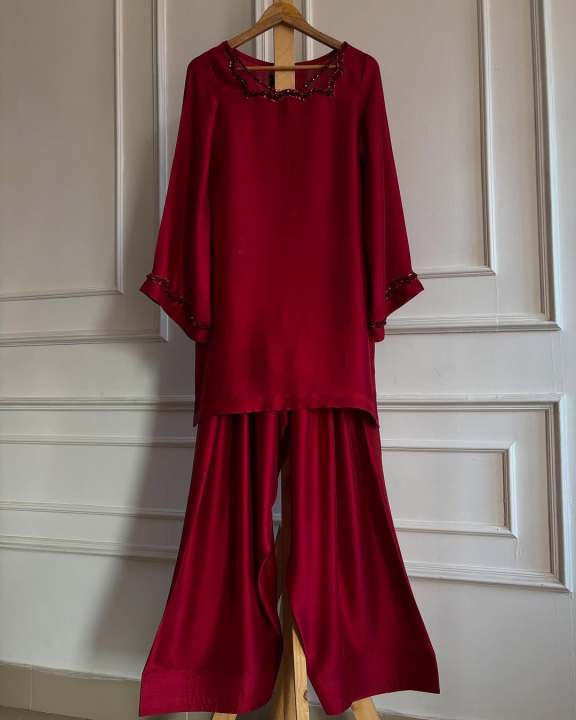 Elegant Pearl Beaded 3pc Dress With Farshi Shalwar and Organza Dupatta For Women's Girls Wear