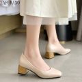 Shallow Mouth Square Toe Chunky Block Heel High Heels Retro Grandma Shoes Mid Heel Comfort Career Work Shoes Simple Lady Pumps. 