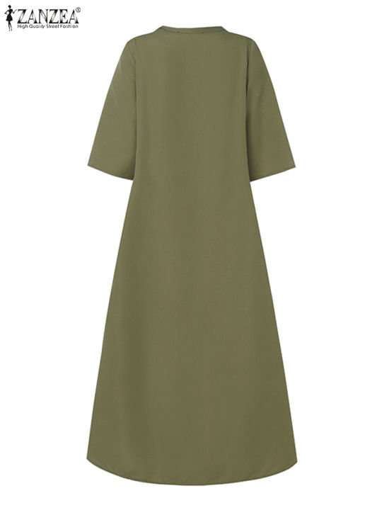 ZANZEA%20Elegant%20Commute%20Midi%20Dress%20Half%20Sleeve%20Solid%20Color%20Autumn%20Pleated%20A-line%20Vestidos%20O%20Neck%20Casual%20Fashion%20Women%20Robe%20Femme%20-%20Image%205