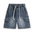 Retro Smoke Gray Cargo Denim Shorts Men's Knee Length Loose Jeans Big Pocket Design Elastic Waist Fashion Korean Casual Shorts.