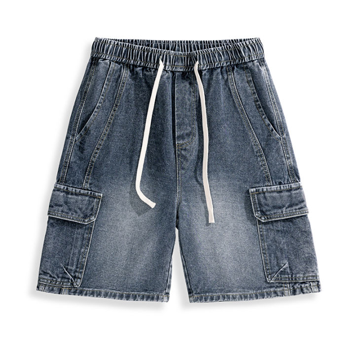 Retro%20Smoke%20Gray%20Cargo%20Denim%20Shorts%20Men's%20Knee%20Length%20Loose%20Jeans%20Big%20Pocket%20Design%20Elastic%20Waist%20Fashion%20Korean%20Casual%20Shorts%20-%20Image%205
