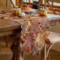 1pc Autumn Maple Leaf Embroidered Table Runner, Flocked Brown Maple Design, Rustic Farmhouse Thanksgiving Harves. 
