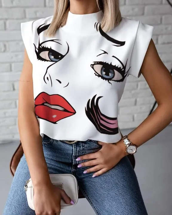 Summer%20simple%20small%20stand-up%20collar%20lip%20print%20women's%20elegant%20shirt%20top%20women's%20clothing%20-%20Image%203