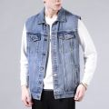 High end retro denim vest, men's sleeveless lapel, vest vest, vest, vest, vest, vest, vest, vest, multi pocket workwear.