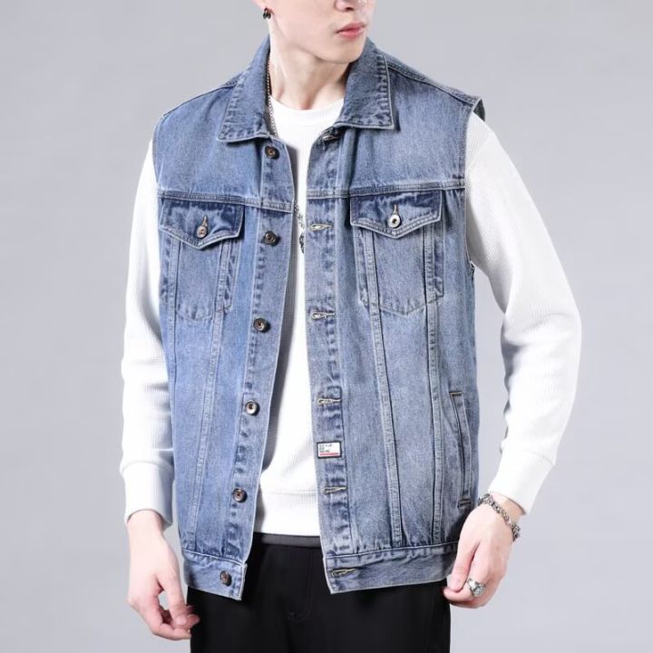 High end retro denim vest, men's sleeveless lapel, vest vest, vest, vest, vest, vest, vest, vest, multi pocket workwear
