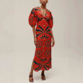 VEITCHE Summer Women Linen Material Long Dresses Fashion Chic Print  V-neck Hollow Out High Waist Party Dress Lady Robes. 
