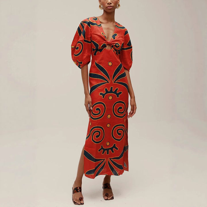 VEITCHE%20Summer%20Women%20Linen%20Material%20Long%20Dresses%20Fashion%20Chic%20Print%20%20V-neck%20Hollow%20Out%20High%20Waist%20Party%20Dress%20Lady%20Robes%20-%20Image%202