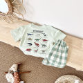 Summer 2Pcs Newborn Baby Boys Clothes Set Girls Suit Casual Dinosaur Printed T-shirt+Checkered Shorts Infant Toddler Outfit 0-3Y.