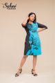 BLUE APPLIQUE PRINT CONTRAST BLACK COLOUR BODY CORN SHORT DRESS. 