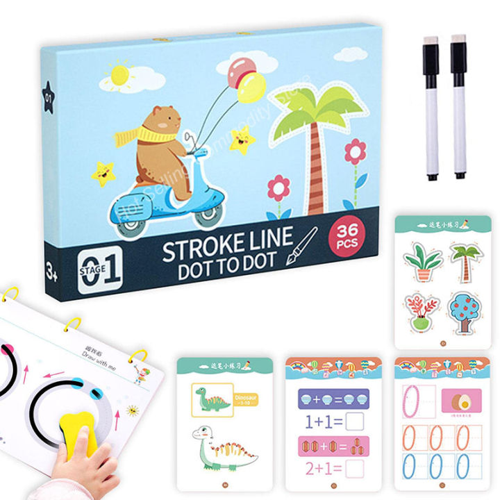 Stroke line dot to dot write & wipe Flash cards for kids - 36 pages - stage 1- (3+ years)