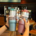 900 ml Stanley Style Insulated Tumbler With Straw - Hot And Cold Aesthetic Sipper - Stainless steel Tumbler Mugs  - Travel Water Bottles - Perfect Gift For College Girls And Boys. 