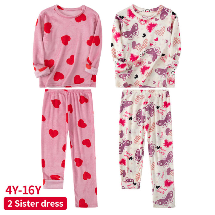 2-Piece Sisters Long-sleeved Trousers Suit Girl Sweet And Lovely Home Clothes Teenagers Casual Round Neck Shirt Elastic Waist Pa