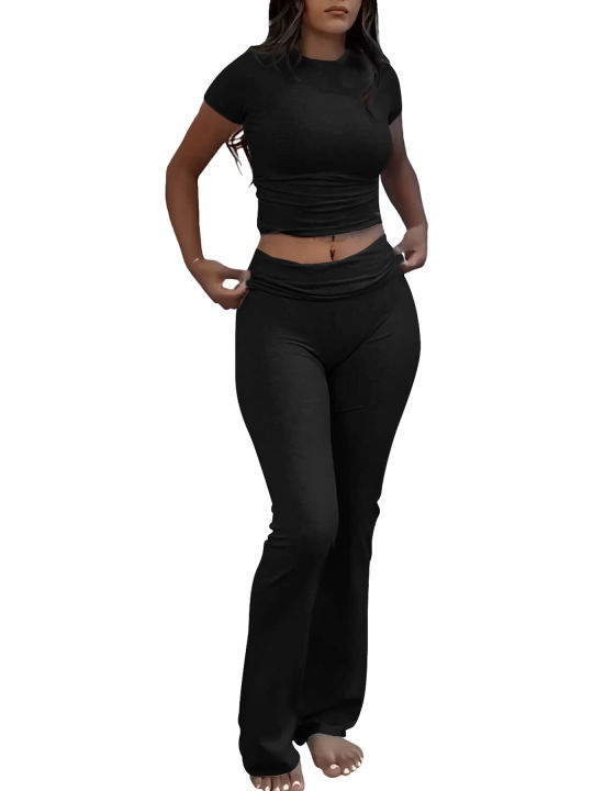 Casual%20Workout%20Two%20Piece%20Outfits%20for%20Women%20Short%20Sleeve%20Crop%20High%20Waist%20Foldover%20Flare%20Pants%20Tracksuit%20Sets%20Streetwear%20-%20Image%205