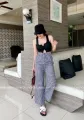 Mahaheng women's white long pants loose plaid trousers beautiful straight leg smooth waist soft Nice casual Korean fashion vintage. 