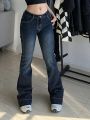 Kalevest Y2K High Street Low Rise Jeans Blue Women Pants Bootcut Pockets Jeans Streetwear Low Waist Jeans Wide Leg Pants.