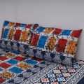 King Size Premium Bed Sheet 88" x 98" with 2 Pillow Covers | Multicolor & Shaped Motif Print on Blue. 