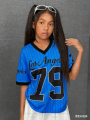 Girls Casual Sports Style Los Angeles NO.79 Print Short Sleeve V-Neck Women's Children Men's T-shirt Tops.
