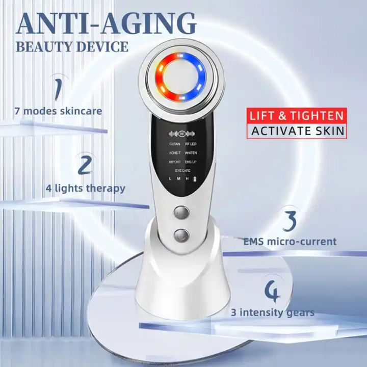 7 in 1 RF&EMS Micro Current Lifting Device Vibration LED Face Skin ...