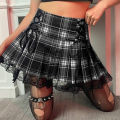 Gothic Retro Dark Lace Up High Waist Plaid Print Mini Skirts Women Vintage Harajuku High Waist Lace Ruffles Y2K Aesthetic Skirt.