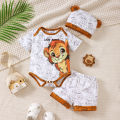 0-18 Month Old Baby Boy Set Cartoon Lion Print Top, Pants, Hat Three Piece Set, Newborn Baby Boy Summer Fashion Set. 