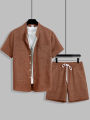Summer Men's Cotton Linen Texture Stand Collar Short Sleeve Shirt & Shorts Casual Set, Loose Breathable Two-Piece Outfit.