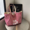 Large Capacity Tote Double-sided New Striped Casual Single Shoulder Textured Embroidered Canvas Bag for Students. 